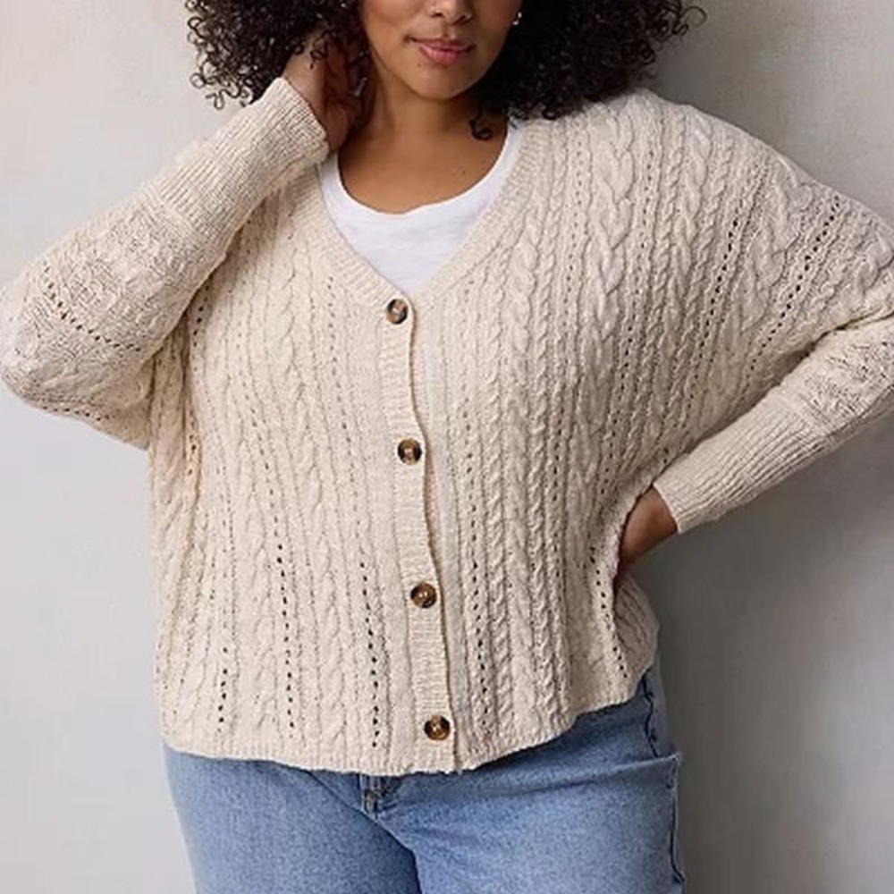 LC Lauren Conrad V-Neck Slub Button Cabled Sweater Cardigan - Cream - XL